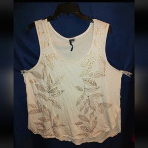 Casey Key Sleeveless Tank, 2x, Beige With Metallic Gold tone Leaf Print Summer